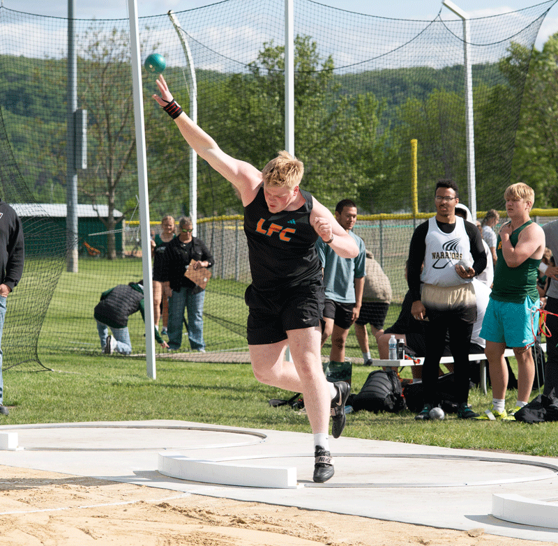 Brody Niemeyer (left) of LFCMC and Chace Drazkowski (right) of RPH took first and second place at the Sub-Section 1 track and field meet in the Shot Put while each also qualified for sections in the Discus. Both posted Section top four distances in the Shot. Photos by Dawn Hauge