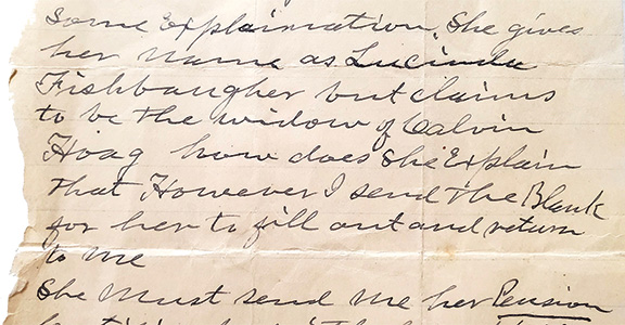 Asa Burleson, the county’s veterans agent, sent this to the Harmony postmaster to confirm Lucinda’s identity. It was donated to the museum in 2023. Photo submitted