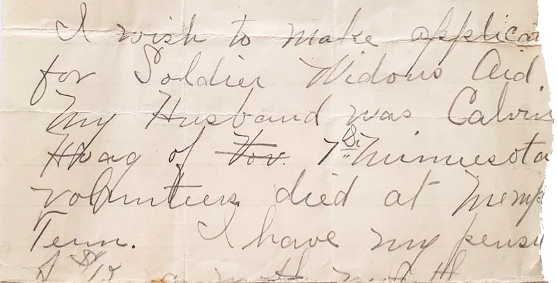 This is an excerpt from Lucinda Fishbaugher, Calvin’s widow, regarding aid for a veteran’s widow. It was donated to the museum in 2023. Photo submitted