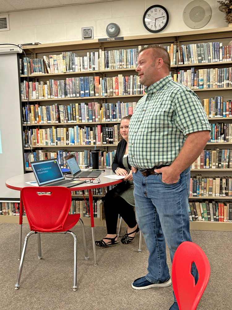 Kiel Koehler, Teachers’ Union president, presented a level 3 grievance to the school board. Photo by Wanda Hanson