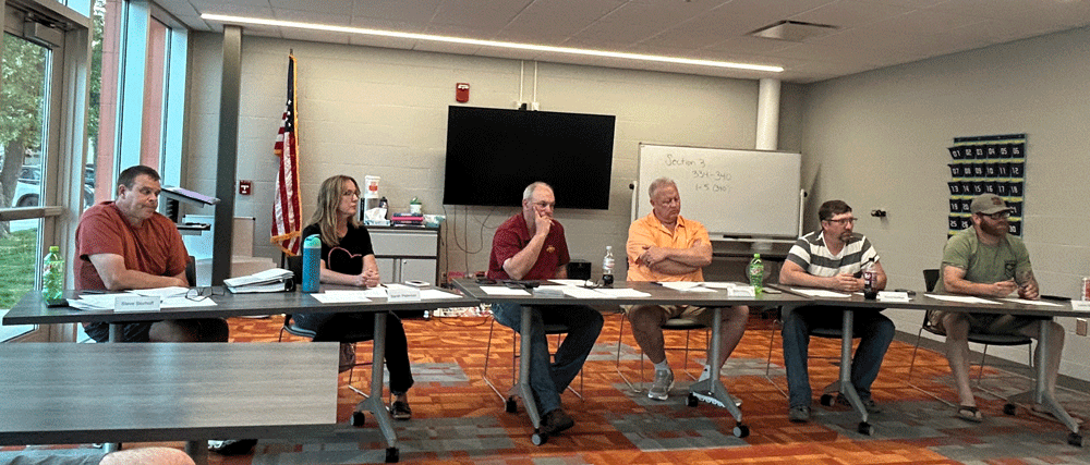 The Lanesboro School Board listens to Superintendent Schultz’s report on the daycare; from left to right: Steve Storhoff, Sarah Peterson, Chair Steve Snyder, Mark Holmen, Kevin Horihan and Lucas Bergo. Photo by Wanda Hanson