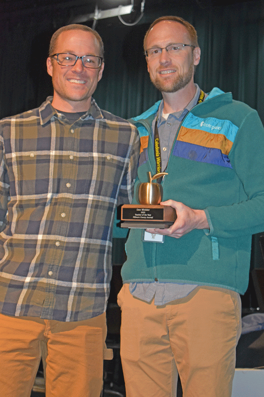 On the left, Dan Winkler with his partner Justin Nooker. On the right, Dan shown with Valiree Green. Justin and Valiree were two of several people who nominated Dan for Teacher of the Year. Photo by Barb Jeffers
