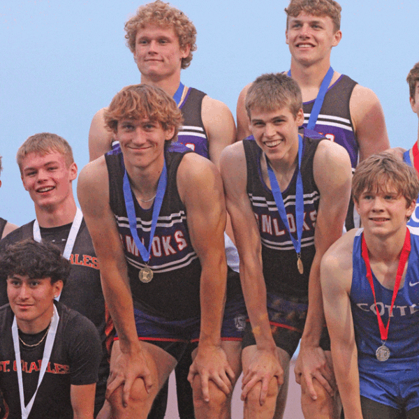 Turning in one of many top 1A meet performances was the GMLOKS boys 4x400 (back Zach Reiland and Carter Glynn, front Kaleb Yunker and Tate Goergen), which was section champ. Goergen (800-meters) also did so individually while Reiland (300-hurdles) also made state. Photo by Paul Trende