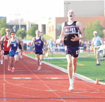 GMLOKS sophomore Tate Goergen passes the finish line well in front of his foes to win the Class A 800-meter state title. Goergen’s performance was one of two area state titles at the Class A State Track and Field Meet. Photo by Paul Trende