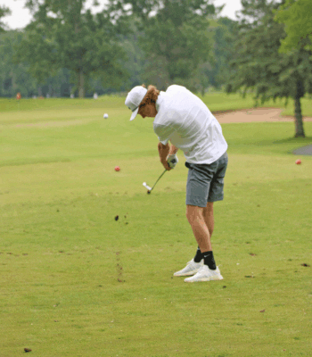 Fillmore Central senior Aiden Arnold, shown above attacking the fairway with an iron, took on his third state golf meet. Shooting a 165, Arnold tied for 32nd place overall. Photo by Paul Trende