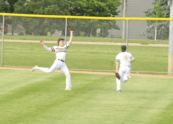 Caledonia centerfielder Will Allen makes a leaping grab in the gap in the Warriors’ 1AA final versus Pine Island. Photo by Paul Trende