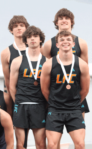 Taking third place at the 1A track and field meet but setting a program-record (44.16) was the LFCMC boys 4x100 (back Adrian Rindels and Greg Kennedy, front Davis Penhollow and Weston Collins). Said team made state by standard. Kennedy also qualified in the 200-meters and Long Jump. Photo by Paul Trende