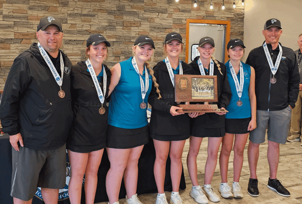 Fillmore Central girls golf, in its 11th straight state meet, finished third at the 2025 Class A tourney. Pictured (left to right) are Head Coach Aaron Mensink, Maddie Topness, Myleigh Scheevel, Lily Miller, Annika Mensink, Ella Diersen, and Assistant Coach Andy Todd. Photo by Chris Mensink