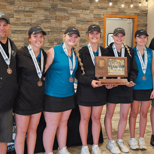 Fillmore Central girls golf, in its 11th straight state meet, finished third at the 2025 Class A tourney. Pictured (left to right) are Head Coach Aaron Mensink, Maddie Topness, Myleigh Scheevel, Lily Miller, Annika Mensink, Ella Diersen, and Assistant Coach Andy Todd. Photo by Chris Mensink
