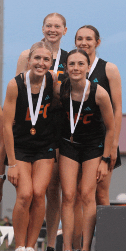 LFCMC’s girls 4x400 (back Kinley Soiney and Olivia Rindels, front Lillyan Kiehne and Autumn Rakosnik) took third at the 1A Meet but qualified for state by standard, joining gals’ 4x100 and 4x800 teams in doing so, plus Rakosnik, who set the program record, in the 3,200-meters. Photo by Paul Trende