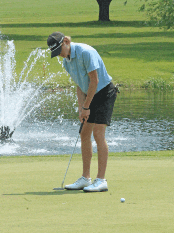 Lanesboro’s Jack Brogle drains a put to start his first day at the Class A state golf meet. Day 2 was better for the Burro sophomore. After an 83 to start his tourney, he posted a 75, enabling Brogle to break the top 20 with a 19th place finish. Photo by Paul Trende