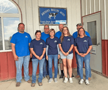 Johnson’s Rolling Acres’s owners and their wives, left to right: Zac and Serena, Richard and Pam, Lee and Meredith, and Trinity and Emily. Photo by Wanda Hanson