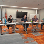 From left, Steve Storhoff, Sarah Peterson, Chair Steve Snyder, Mark Holmen, Kevin Horihan and Lucas Bergo working at the June 11 Lanesboro School Board meeting. Photo by Wanda Hanson