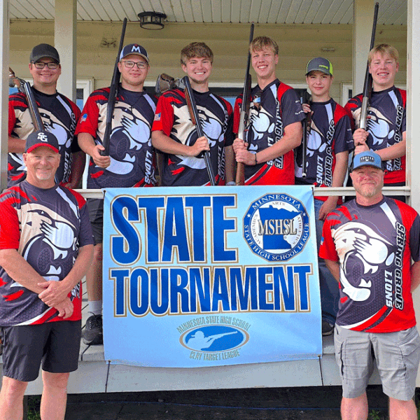 Spring Grove trap shooters finished as state runner-up at the 2025 MSHSL Clay Target State Championships (all classes). Above from left are Garrett Waldenberger, Izaak Morken, Isaac Vick, Christian Bjerke, Tyler Turner and Roland Bjerke. Below from left are Assistant Coach Tim Vick and Head Coach Christian Bjerke. Photo submitted