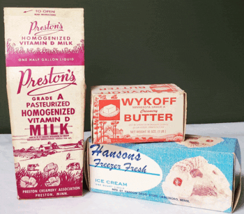 Each creamery sold a variety of products in cartons of their own design. In this picture, a half-gallon carton from the Preston Creamery Association stands by ice cream sold at the Hanson Store in Lanesboro and a butter carton from the Wykoff Creamery. All of these can be seen at the Fillmore County Historical Society. Photo submitted