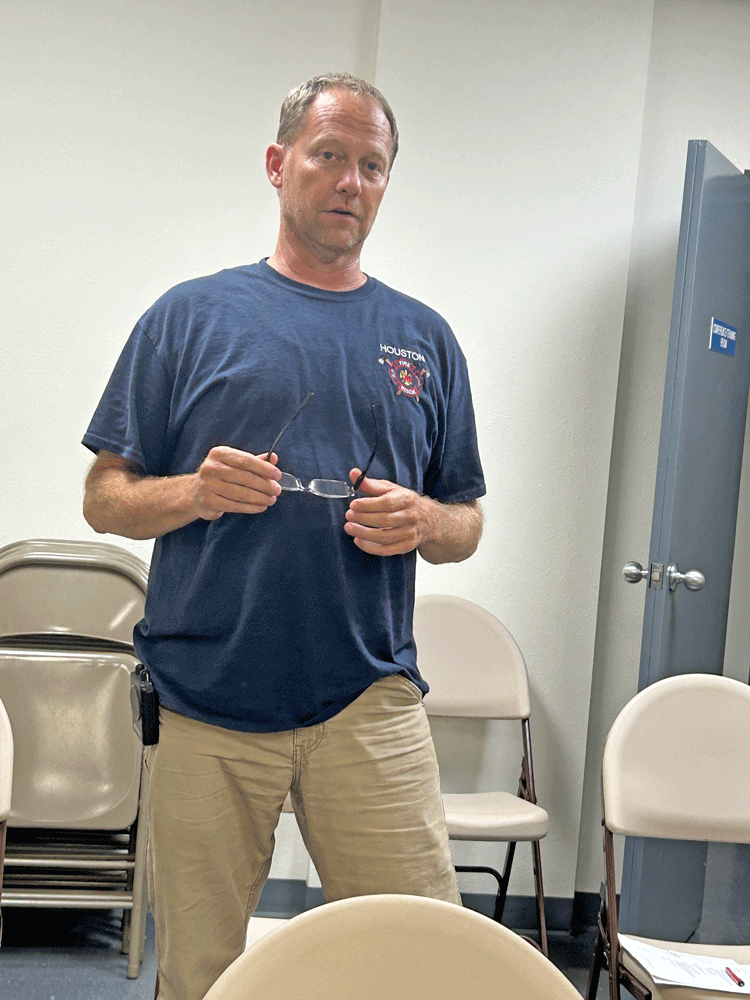 Fire Chief Steve Skifton requests a building permit for a carport to house the brush truck at the fire hall. Photo by Wanda Hanson