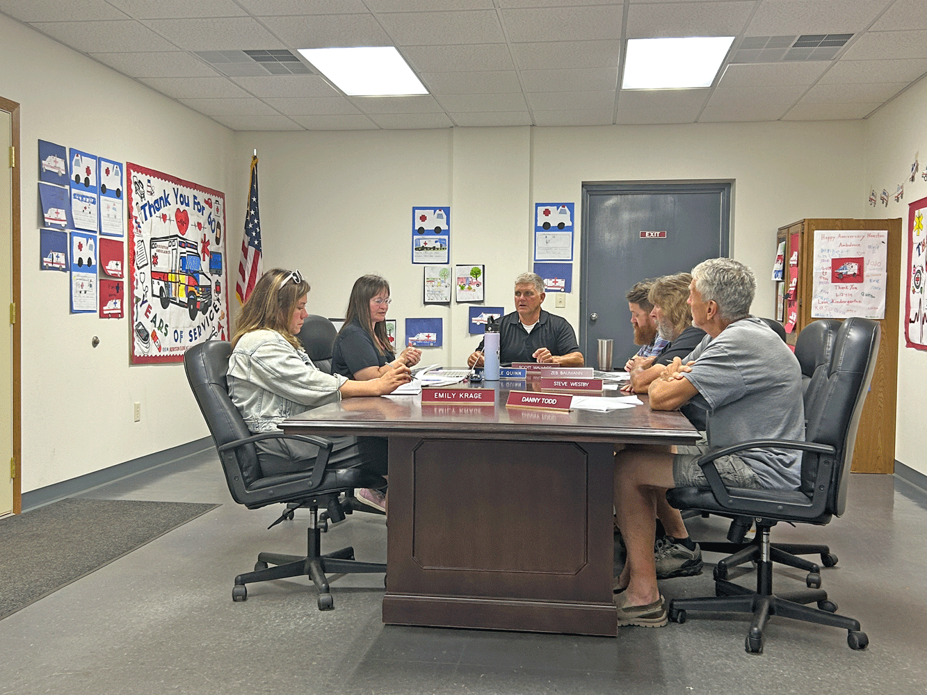 The Houston City Council from left to right: Emily Krage, City Administrator Michelle Quinn, Mayor Scott Wallace, Zeb Baumann, Steve Westby and Danny Todd. Photo by Wanda Hanson
