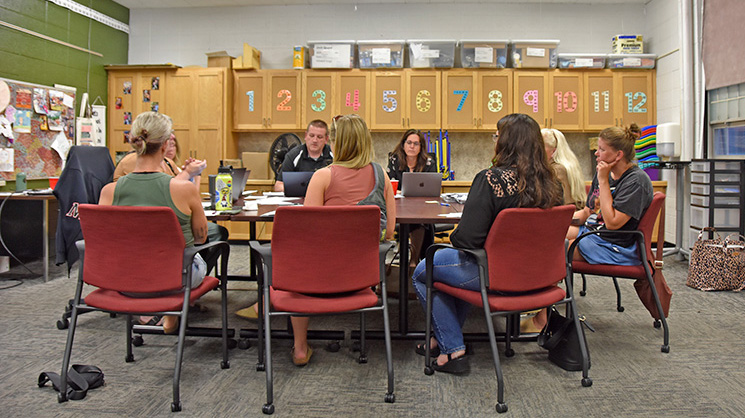 The Spring Grove School Board and School Administration met in regular session on July 21 in one of the elementary classrooms due to the school construction project taking place this summer. Photo by Charlene Corson Selbee