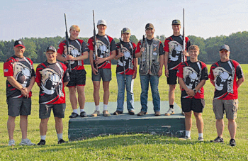 Spring Grove trap team at national competition are from left: Assistant Coach Tim Vick, alternate Izaak Morken, Roland Bjerke, Caleb Eiken, Tyler Turner, Garrett Waldenberger, Christian Bjerke, alternate Isaac Vick and Head Coach Christian Bjerke. Photo submitted