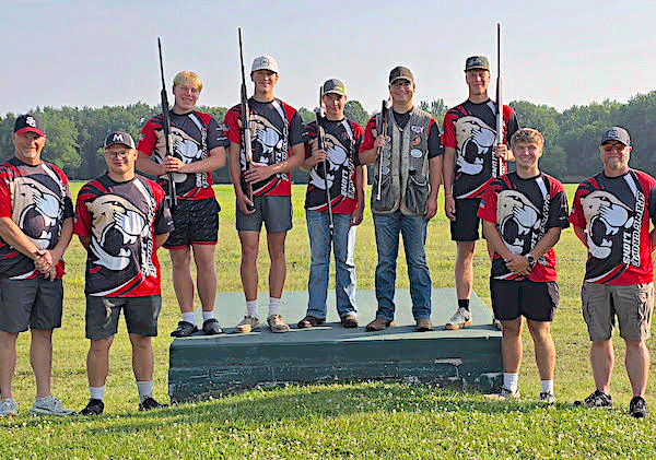 Spring Grove trap team at national competition are from left: Assistant Coach Tim Vick, alternate Izaak Morken, Roland Bjerke, Caleb Eiken, Tyler Turner, Garrett Waldenberger, Christian Bjerke, alternate Isaac Vick and Head Coach Christian Bjerke. Photo submitted