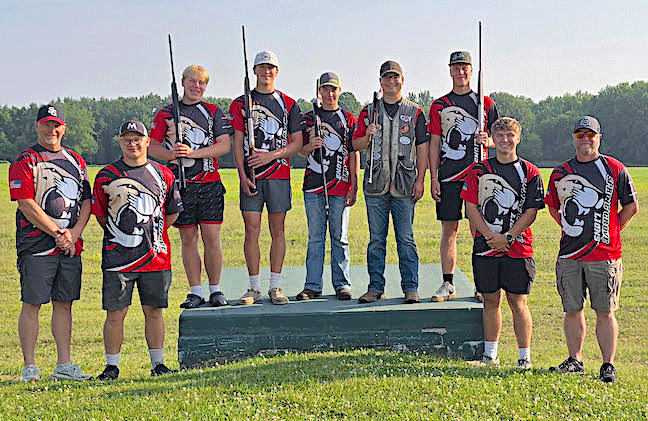 Spring Grove trap team at national competition are from left: Assistant Coach Tim Vick, alternate Izaak Morken, Roland Bjerke, Caleb Eiken, Tyler Turner, Garrett Waldenberger, Christian Bjerke, alternate Isaac Vick and Head Coach Christian Bjerke. Photo submitted