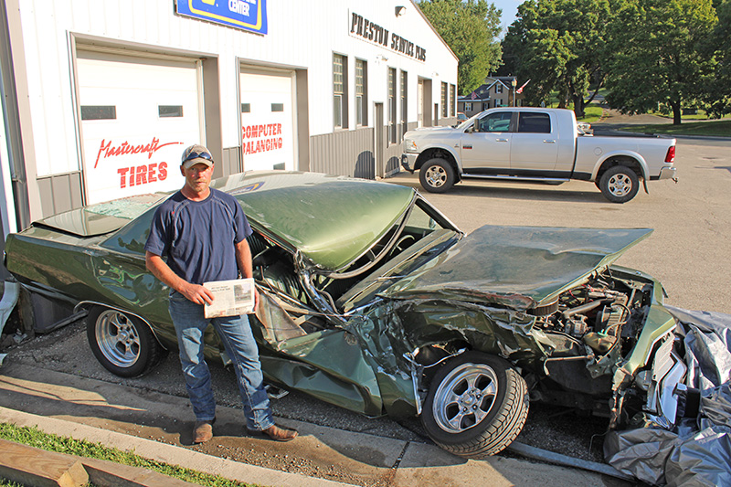 Jason Hovey’s classic car was in the path of destruction when an alleged drunk driver smashed into his parked vehicle sitting at Preston Service Plus in Preston, Minn. Photo by Jason Sethre