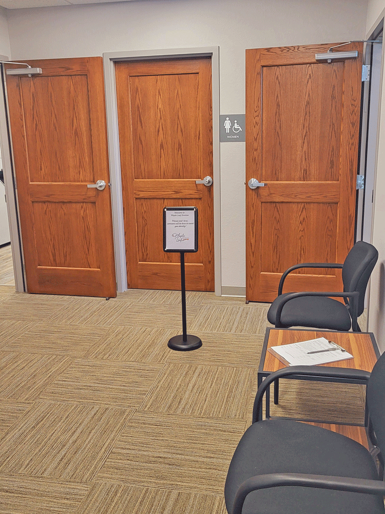The waiting area of the new Maple Leaf Services building, Preston.