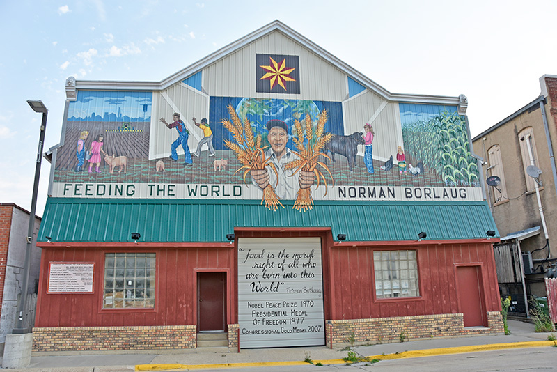 The life and times of Dr. Norman Borlaug are illustrated on a 50' x 30' mural in Cresco, Iowa. Photo by Charlene Corson Selbee