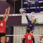 Grand Meadow’s Alyvia Olson is on the attack against the defense of Houston’s Jorja Meyer. The Larks posted a 6-0 week including two SEC wins, as GM (7-0, 15-4) is off to a big start and a big lead over nearest foe Southland (6-3, 6-3) in the SEC-West. Photo by Paul Trende