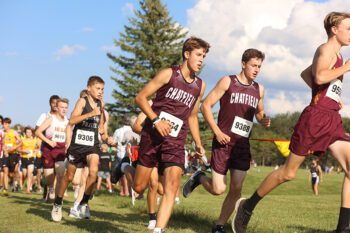 Chatfield runners Maddex Lanning (near) and Ben Peeters (far) compete at the Stewartville Bill Glomski cross country meet. The duo were two of four Gopher guys in the top 35, as Chatfield took a respectable fourth (of 16 complete teams) at the event. Photo by Christine Vreeman
