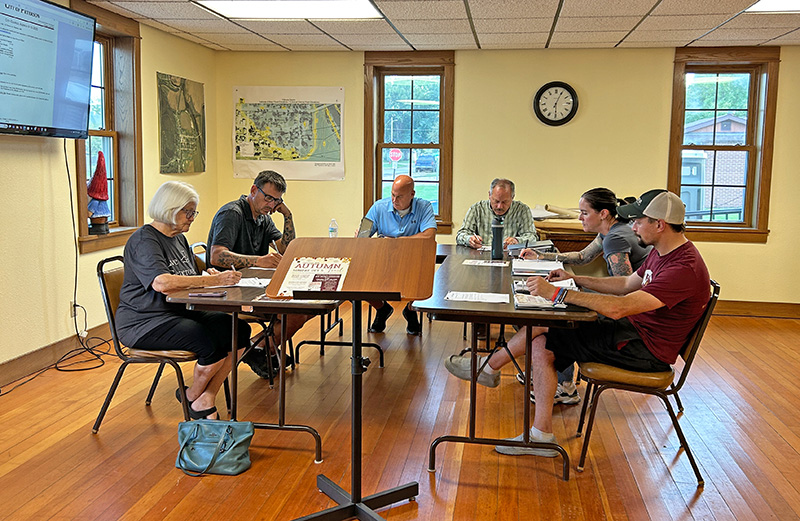 Peterson Council at their September 10 meeting; from left to right: Gail Boyum, Clerk Chris Grindland, Mayor Chris Stenzel, Tracy Seelbinder, Kristina Grindland and Justin Simon. Photo by Wanda Hanson