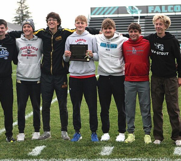 The 2025 Three Rivers Conference Meet boys (repeating) team champion squad from Lewiston-Altura/Rushford-Peterson/Houston (left to right): Brennan Kunst, Will Jewison, Aaron Ploetz, Isaac Rasmussen, Trey Hegland, Grayson Speltz and Hunter Rislov. LARPH topped Cotter/Hope Lutheran 30 to 35 with all the above runners finishing top 13 (of 117 total competitors). Photo by Paul Trende