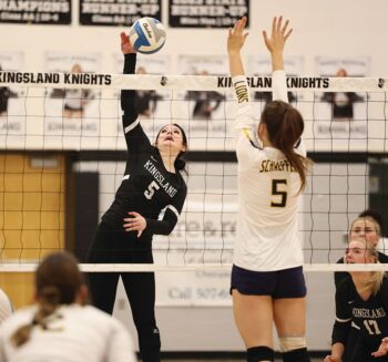 Kalyn Stier attacks in the Knights’ regular season finale with Schaeffer Academy. The Knights posted a 3-2 come-from-behind win over the Lions (25-13, 22-25, 21-25, 26-14, 15-13). Photo by Christine Vreeman: