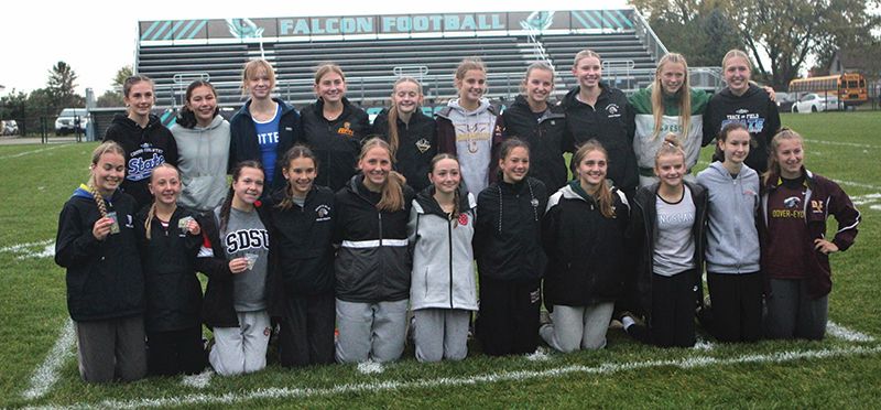 The Three Rivers girls cross-country All-Conference team (top 21 finishers). Included are (left to right) LFC’s Autumn Rakosnik (back row #1), Charity Kingsley (front row #10), and Lillyan Kiehne (back #10), Chatfield’s Lexi Kivimagi (back #8), Adeline Schild (front #2), and Autumn Norsten (front #4), LARPH’s Caitlin Bauer (back #4), GMLOS’ Naomi Warmka (front #5), and Kingsland’s Reeyin Lanning (front #9). Photo by Paul Trende