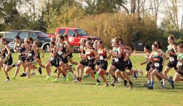 Cross country teams leave the line at the LARPH Meet held in Lewiston. Guys from the host team are notably middle left while those from LFC are middle right. Team Card-Tro-Cane (21) handily won their fifth run of the year, topping nearest foe Pine Island (80). Photo by Christine Vreeman