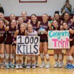 Chatfield volleyball takes a team picture to celebrate senior Trindy Barkeim (with ball) and her 1,000th career kill. The Gophers are 21-7 on the year and ranked #3 in Class AA.” Photo by Leif Erickson