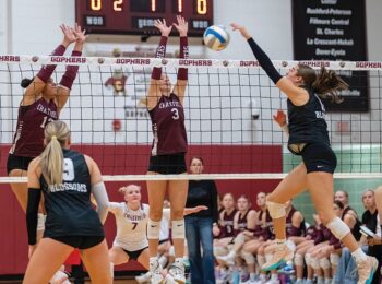 Chatfield defenders Amaya Harmening (left) and Grace Schroeder (right) defend against the attack of Blooming Prairie’s Elaine Schwarz in the teams’ 1AA Round of 16 game. Via a 3-0 sweep, the #4 in AA Gophers moved on to a 1AA quarterfinal. Photo by Leif Erickson