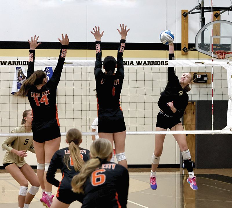 Caledonia’s Elsa Blum attacks versus Lake City in the #5 Warriors’ 1AA Round of 16 contest. Via a 3-0 sweep, Caledonia moved on to the 1AA quarterfinals. Photo by Craig Johnson