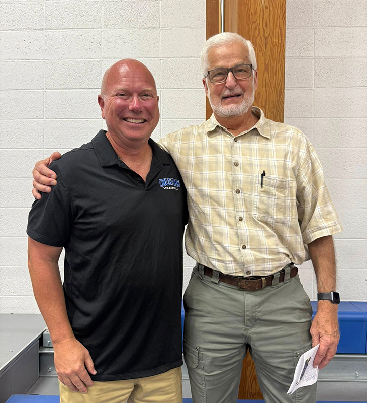 Second place in all-time career wins (885), Lonnie Morken was surprised by the presence of former Stewartville coach and mentor John Dzubay at Morken’s history-making volleyball game. Dzubay is in first place with 1,039 wins. Photo submitted
