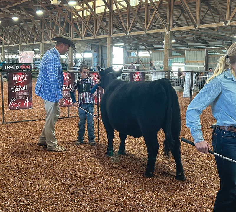 Judge Jeff Jackson, who hails from Texas, talks to Channing Lind about his Angus heifer. Photo by Wanda Hanson