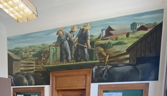 Hog Raising, an oil on canvas painting by Edmund Lewandowski, was created in the early 1940s as part of the New Deal. It is the only such mural located in a Fillmore or Houston County post office. Photo by Charlene Corson Selbee