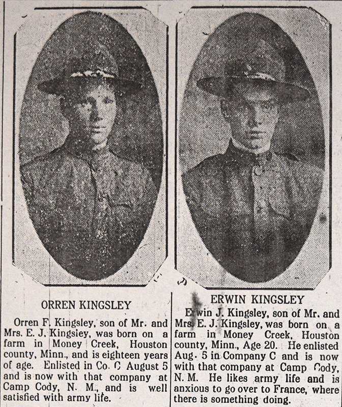 Brothers Orren and Erwin Kingsley as they were featured in a tribute to local World War I soldiers in the January 10, 1918, edition of the Houston Signal.Photo courtesy of the Houston County Historical Society