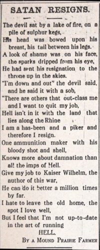A poem, “Satan Resigns,” by a Mound Prairie Farmer, published in the Houston Signal, April 4, 1918. Courtesy of the Houston County Historical Society