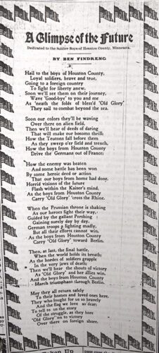 A poem, dedicated to the soldier boys of Houston County, by Ben Findreng, as published in the Houston Signal, September 20, 1917. Courtesy of the Houston County Historical Society