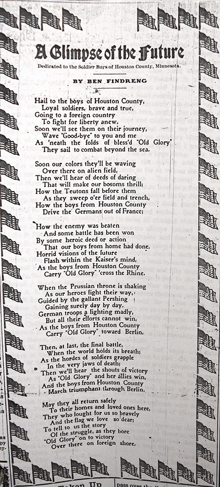 A poem, dedicated to the soldier boys of Houston County, by Ben Findreng, as published in the Houston Signal, September 20, 1917. Courtesy of the Houston County Historical Society
