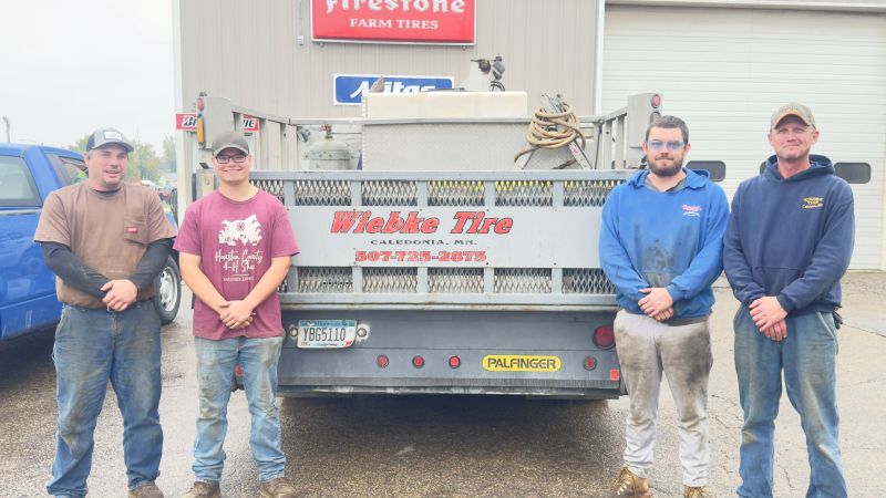 Jon Kruse, Garrett Waldenberger, Hunter Augustine and Chad Wiebke take care of many customers at Wiebke Tire in Caledonia. Photo by Charlene Corson Selbee