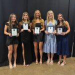Six area girls earned All-State in volleyball. Above (left to right) are Class AA honorees Cora Bicknese and Harper Goldsmith of Chatfield, then Class A honorees Kinley Soiney of Mabel-Canton, Madi Zwart and Kyla Hellickson of Fillmore Central. Caledonia’s Aubrie Klug (not pictured) was also AA All-State. Photo by Lonnie Morken