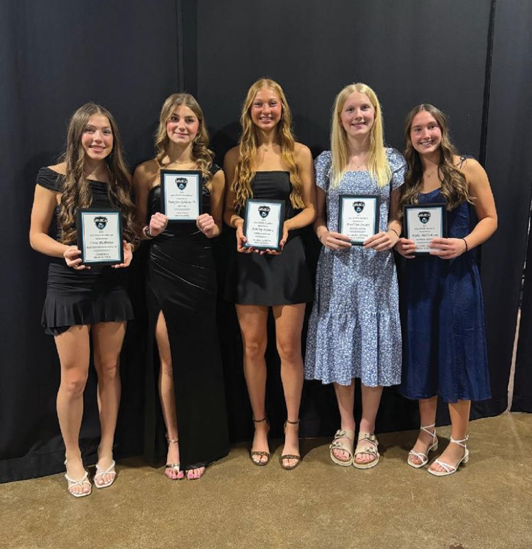 Six area girls earned All-State in volleyball. Above (left to right) are Class AA honorees Cora Bicknese and Harper Goldsmith of Chatfield, then Class A honorees Kinley Soiney of Mabel-Canton, Madi Zwart and Kyla Hellickson of Fillmore Central. Caledonia’s Aubrie Klug (not pictured) was also AA All-State. Photo by Lonnie Morken