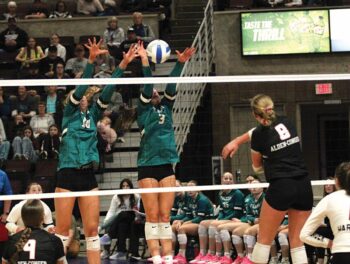 Fillmore Central seniors (and cousins) Cora Britton (left) and Kyla Hellickson (right) conspire for the block on Alden-Conger’s Alyvia Newman in the Falcons dominating 3-0 1A semifinal win. Photo by Paul Trende