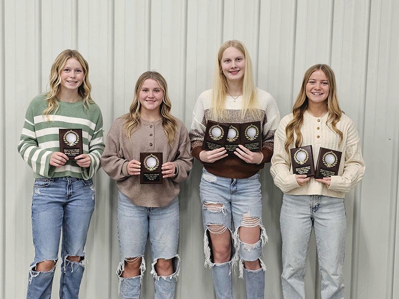 Fillmore Central had its volleyball awards. Hannah Vaalemoen (ace serves leader), Josie Corson (digs leader), Madi Zwart (kills, blocks, and hitting percentage leader), and Aubrey Daniels (assists and serve percentage leader) earned individual team awards. Photo by Deb Finseth